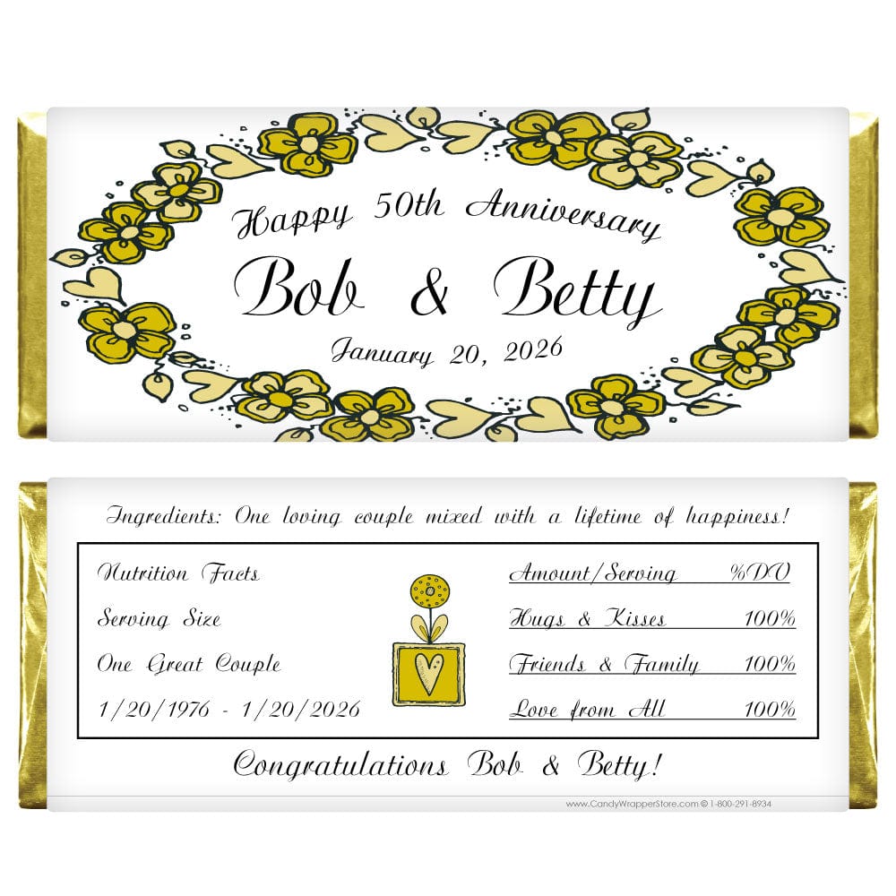 Anniversary Flowers and Hearts Border Candy Bar - ANN201 Silver Anniversary Flowers and Hearts Border 1.55 oz Candy Bar Wrappers Regular Size Wrapper ann201