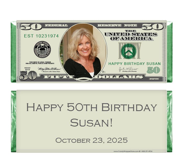 BD355 - $50 Dollar Bill Photo Birthday Candy Bar Wrappers $50 Dollar Bill Photo Birthday Candy Bar Wrappers Candy Wrappers BD355