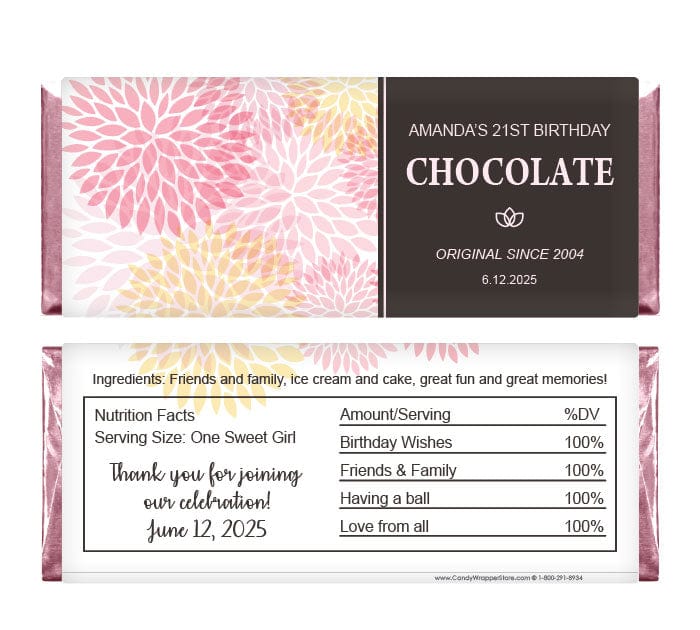 BD424 - Sweet Dahlia Flower Chocolate Bar Birthday Candy Wrapper Sweet Dahlia Flower Chocolate Bar Birthday Candy Wrapper Candy Wrappers BD424
