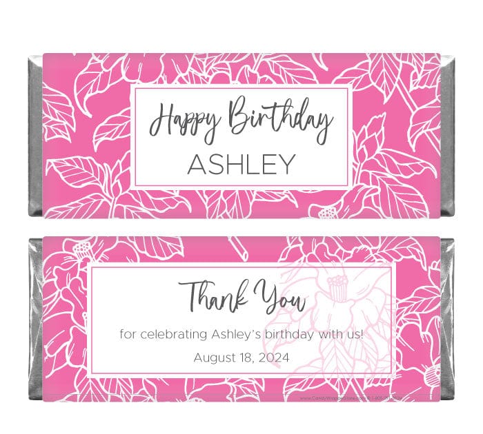 BD483 - White Floral Outline Birthday Candy Bar Wrappers White Floral Outline Birthday Candy Bar Wrappers Regular Size Wrapper BD483