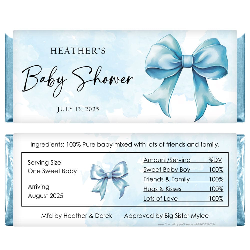Blue Bows Baby Shower Candy Bar Wrappers - BS311 Blue Bows Baby Shower Personalized Candy Bar Wrappers for Hershey's 1.55oz Candy Bars. Shown with PInk Foil Baby & Toddler BS310