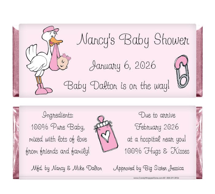BS203g - Baby Shower Girl Stork Candy Bar Wrappers Baby Shower Girl Stork 1.55 oz Hershey's Candy Bar Wrappers Baby & Toddler BS203