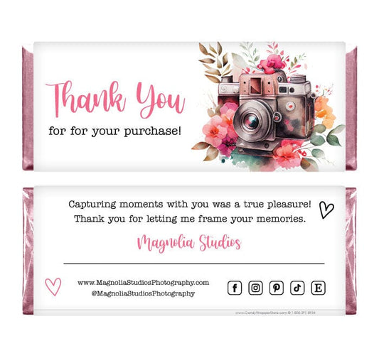 BUS217 - Floral Camera Photography Business Thank You Candy Wrapper Floral Camera Photography Business Thank You Candy Wrapper Party Favors BUS217