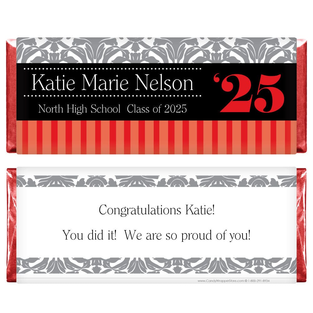 Elegant Damask and Stripes Graduation Candy Bar Wrapper - GRAD221 Personalized Elegant Graduation Hershey's Candy Bar Wrapper Candy Wrappers GRAD221