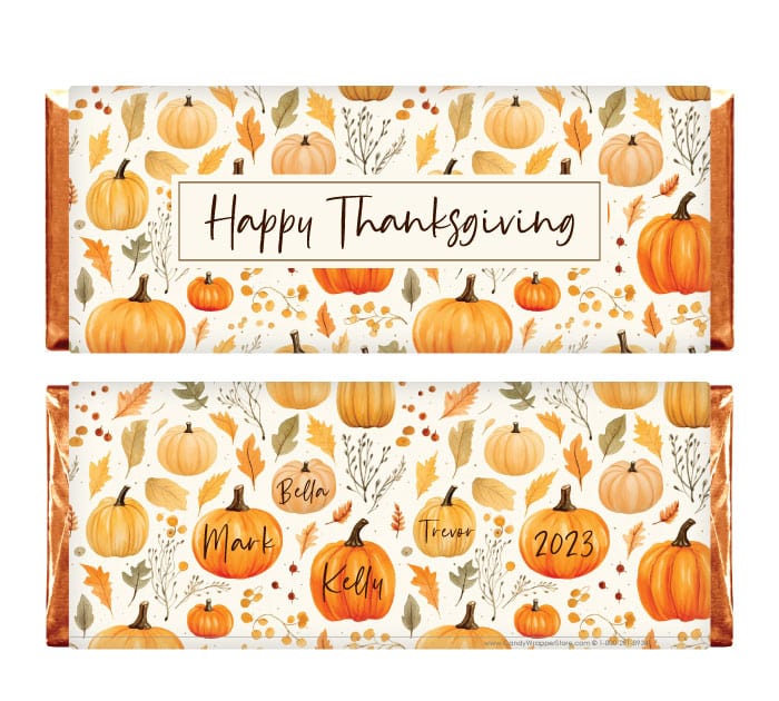 Happy Thanksgiving Name Pumpkins Candy Wrappers - THANKS216 Autumn Fall Leaves Thanksgiving Candy Wrappers THANKS215