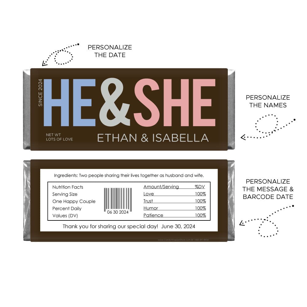HE&SHE Wedding Candy Bar Wrapper - WA481 HE&SHE Wedding Candy Bar Wrapper Wedding Favors WA481