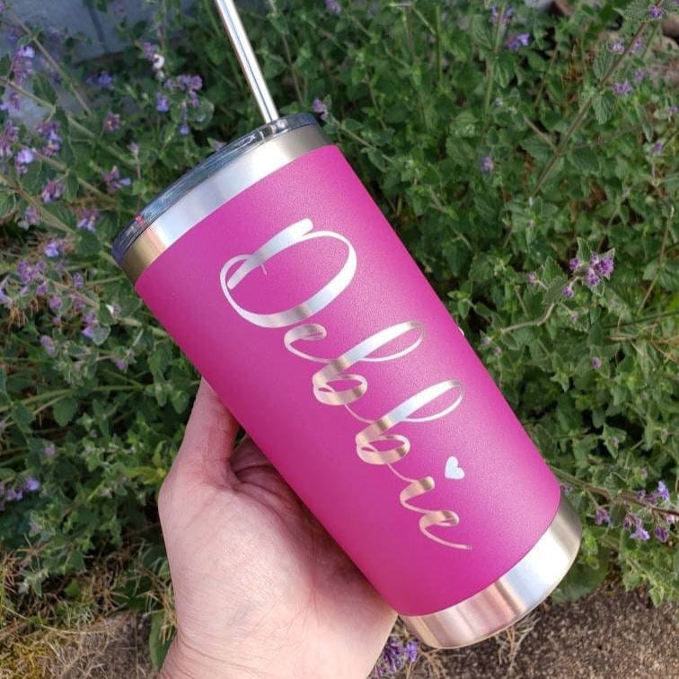 Laser Engraved Logo Tumbler with your name on the back - 20oz Hot Tumbler with Silver Stainless Straw Mugs Candy Wrapper Store