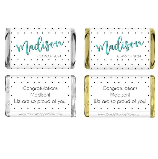 MINIGRAD360 - Personalized Polka Dots Graduation Miniature Candy Bar Wrappers Miniature Scribble Graduation Hat Candy Bar Wrappers Party Favors grad262
