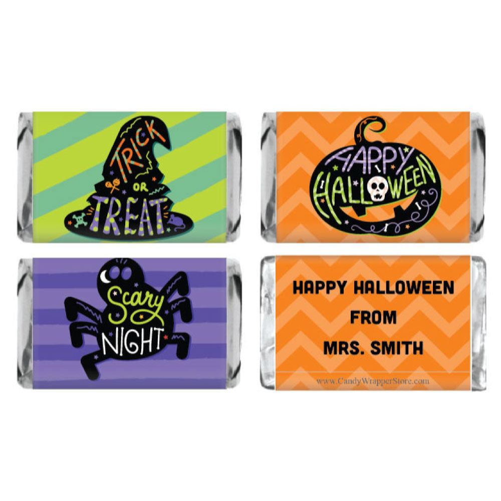 MINIHALPACK5 - Miniature Halloween Set of 3 - Witch Hat, Pumpkin, Spider Witch Hat, Pumpkin, Spider candy bar wrappers for Hershey's miniatures candy bars Party Supplies HALPACK