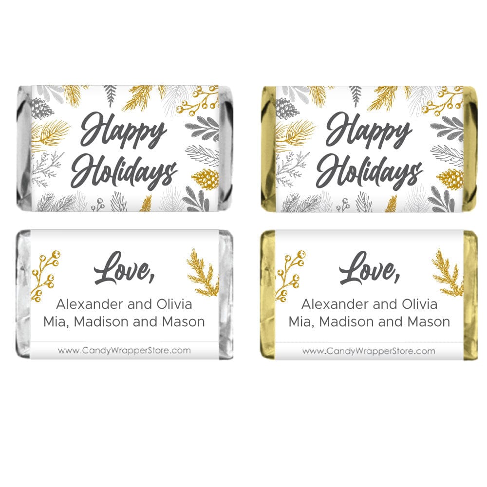 MINIXMAS291 - Personalized Silver and Gold Leaves Holiday Miniature Candy Wrapper Personalized Silver and Gold Leaves Holiday Miniature Candy Wrapper XMAS291