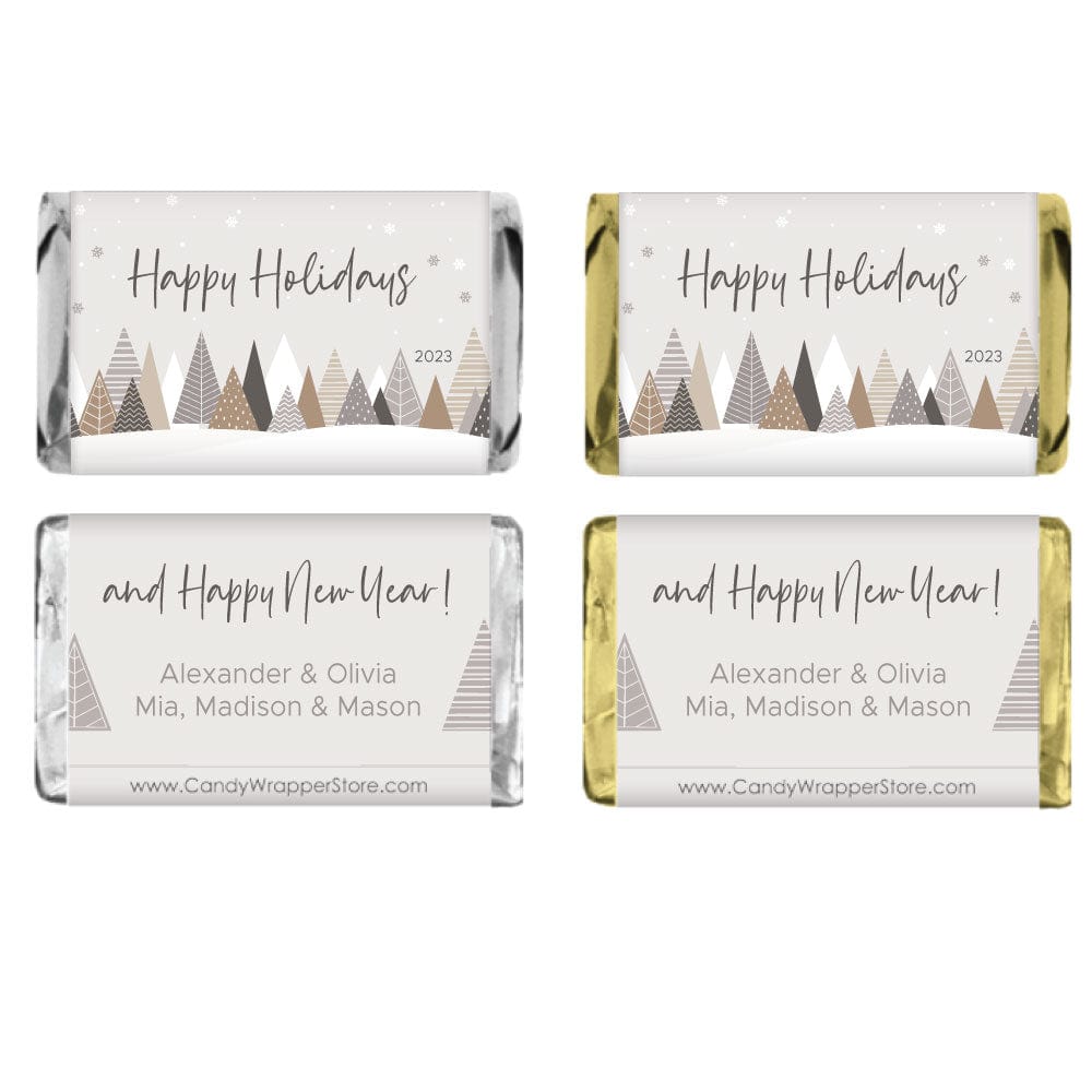 MINIXMAS293 - Trendy Trees Happy Holidays Personalized Miniature Candy Wrapper Personalized Silver and Gold Leaves Holiday Miniature Candy Wrapper Candy & Chocolate XMAS292