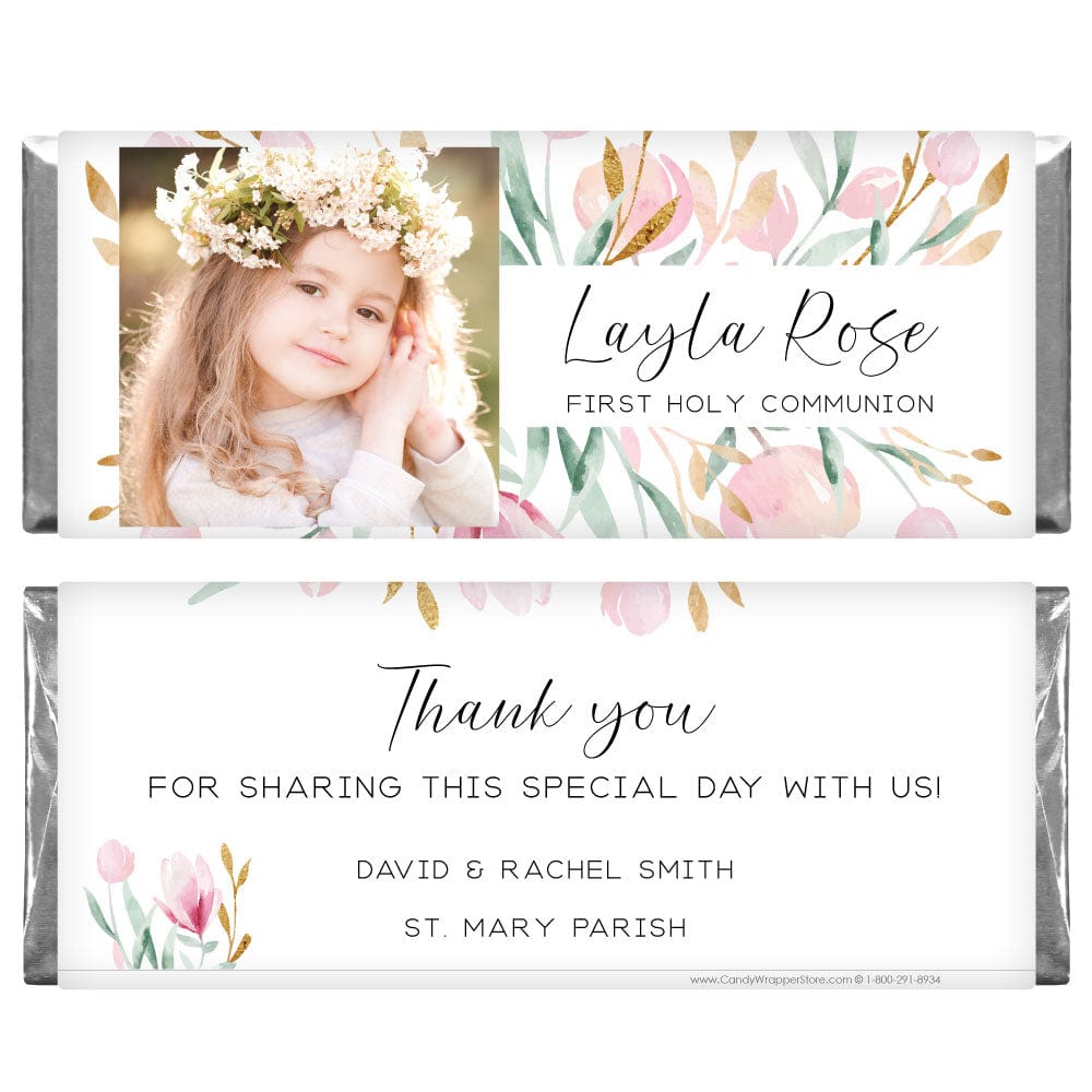 Pink and Gold Watercolor Floral Photo Religious Candy Bar Wrappers - REL424photo Pink and Gold Watercolor Floral Photo Religious Candy Bar Wrappers REL424