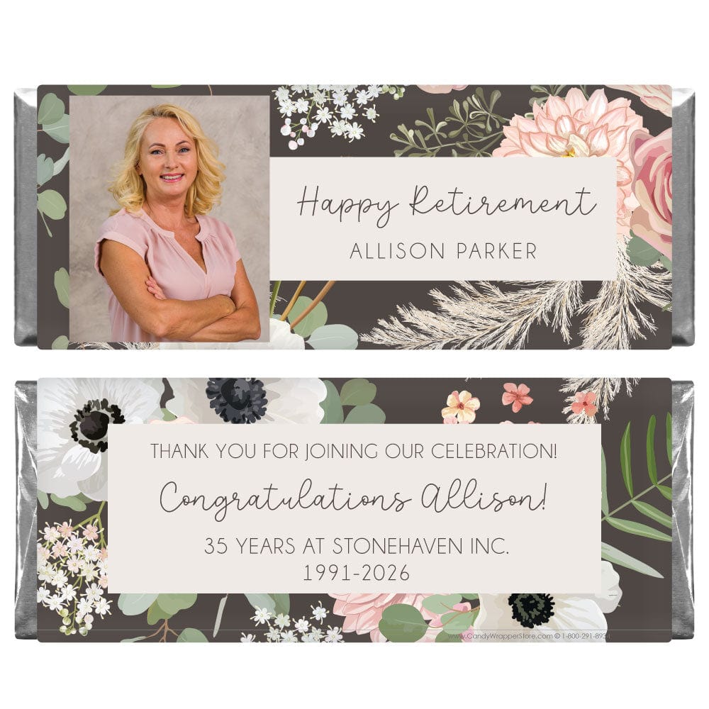 Pretty Pink Floral Photo Happy Retirement Party Candy Bar Wrapper - RET213photo Pretty Pink Floral Photo Happy Retirement Party Candy Bar Wrapper RET213