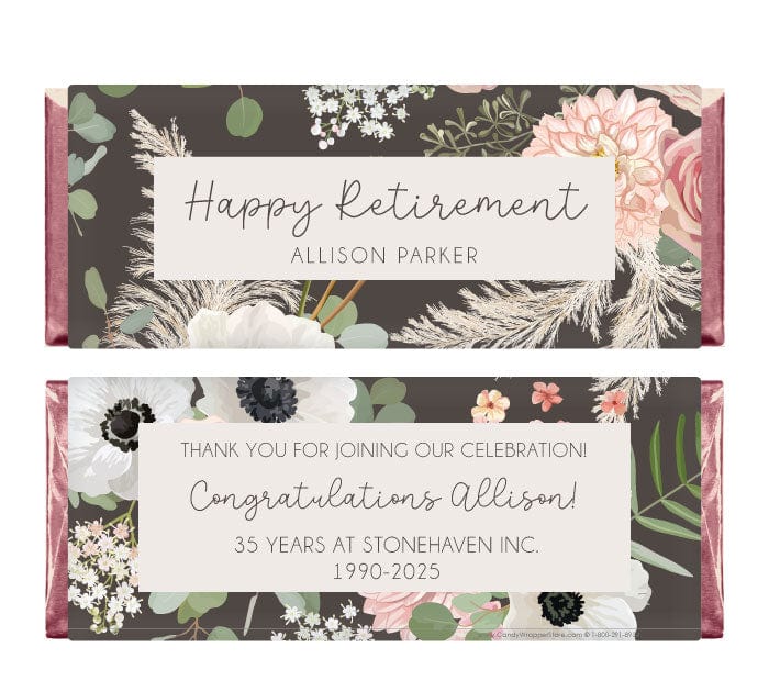 Pretty Pink Floral Retirement Party Candy Bar Wrapper - RET213 Black and Gold Retirement Party Candy Bar Wrapper Candy Wrapper Store