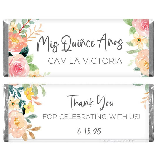 Quinceanera Watercolor Floral Candy Bar Wrappers - QUIN215 Quinceanera Watercolor Dress Candy Bar Wrappers Party Favors QUIN214
