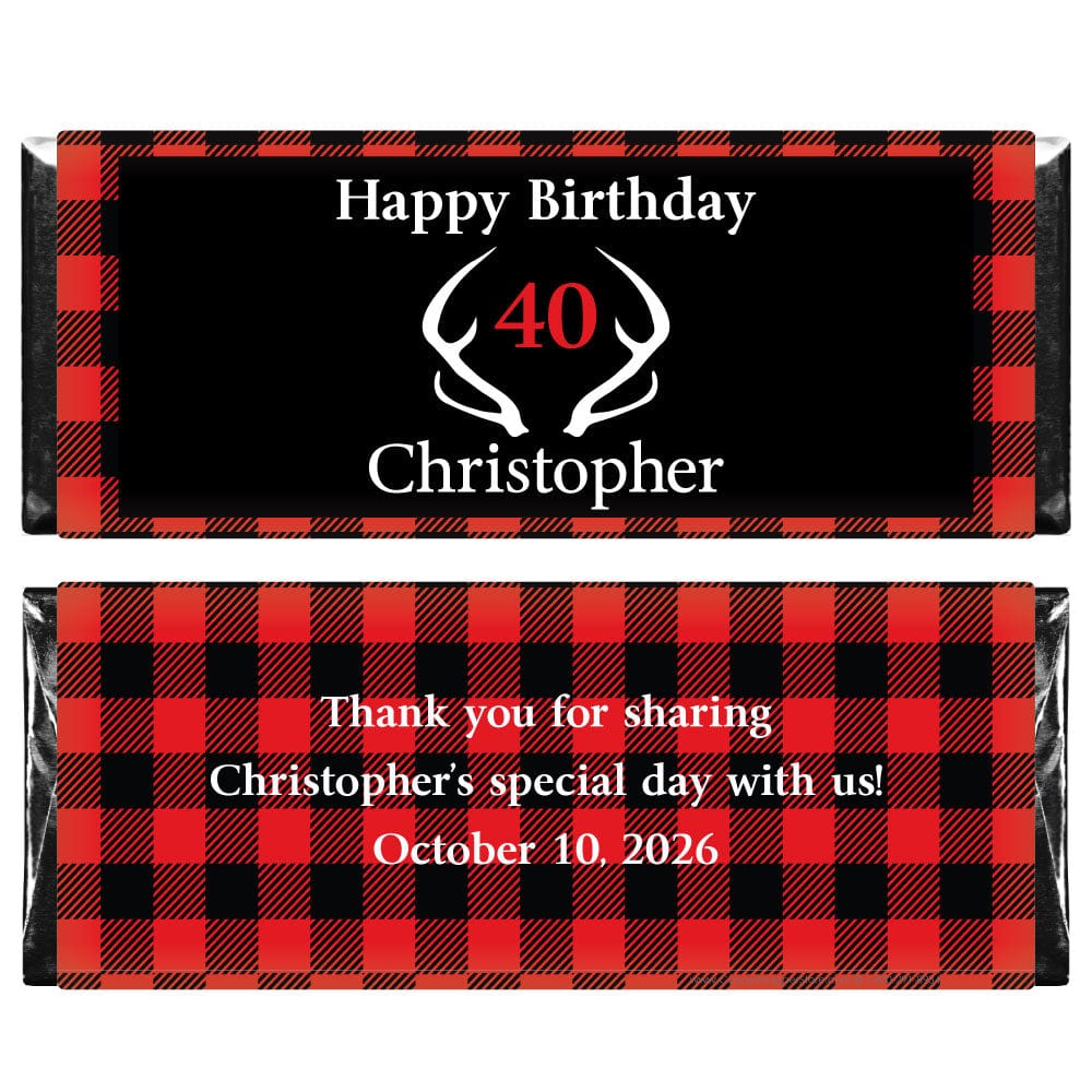 Red and Black Buffalo Plaid Antler Birthday Candy Bar Wrappers - BD502 Red and Black Plaid Birthday Candy Bar Wrappers Candy Wrappers BD502