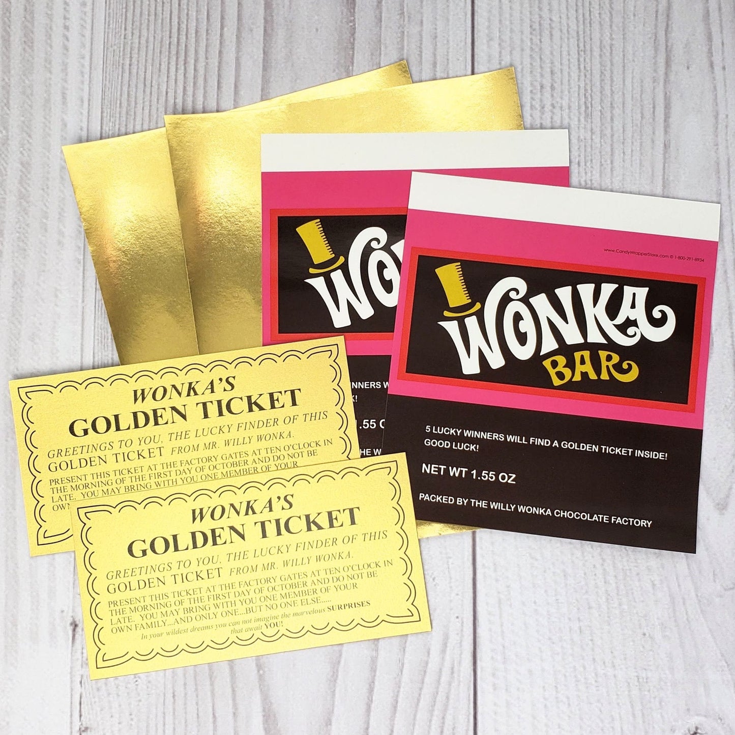 Set of 2 - Wonka Bar Wrapper and Foil with Golden Ticket - Non-Personalized (candy not included) Wonka Bar Wrapper and Foil with Golden Ticket Party Favors wonka