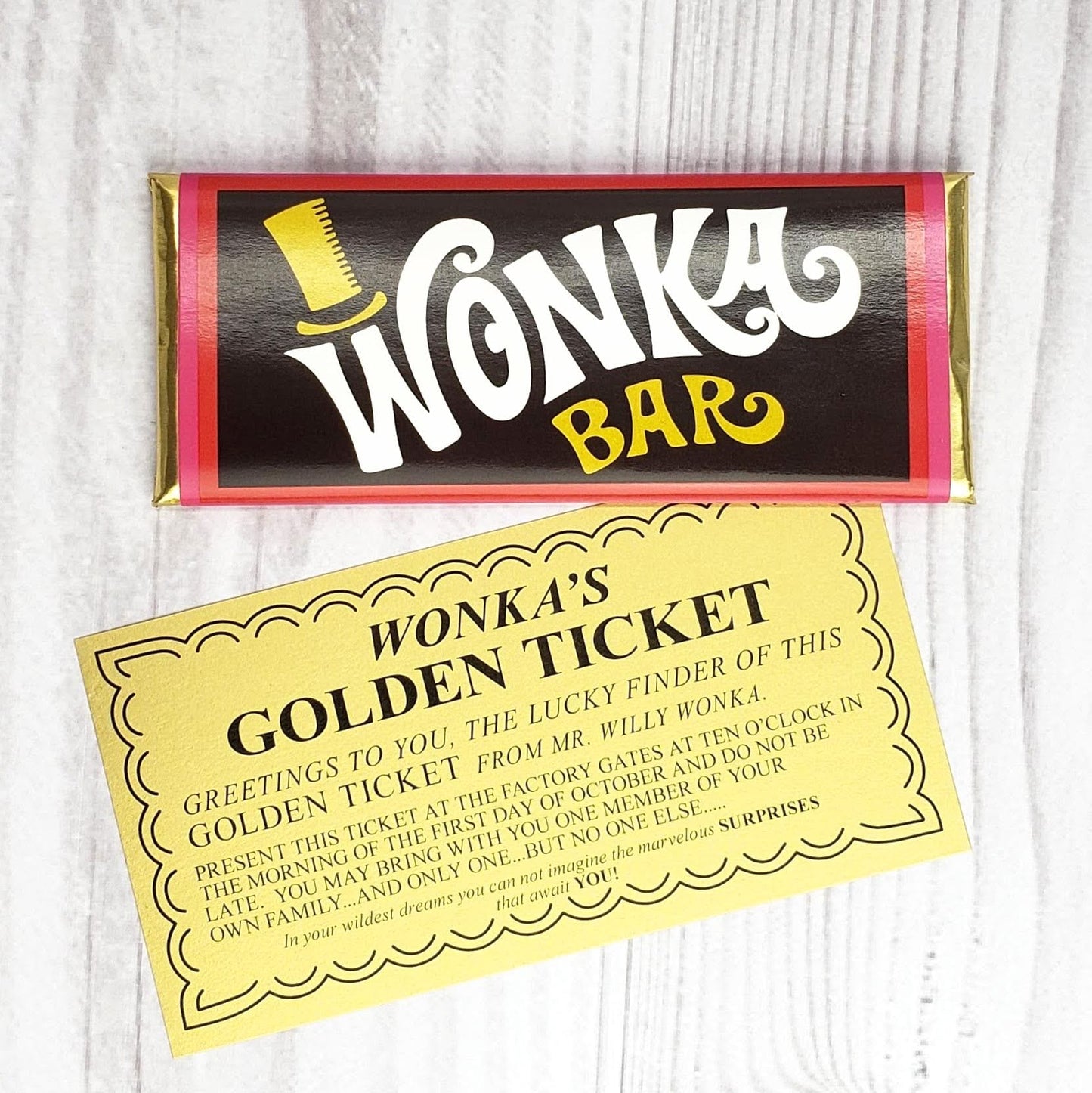 Set of 2 - Wonka Bar Wrapper and Foil with Golden Ticket - Non-Personalized (candy not included) Wonka Bar Wrapper and Foil with Golden Ticket Party Favors wonka