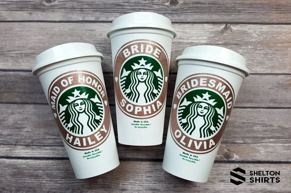 Starbucks Bridal Party Custom Vinyl Decal or Vinyl Decal on Authentic Starbucks Reusable Cup Starbucks Bridal Party Custom Vinyl Decal or Vinyl Decal on Authentic Starbucks Reusable Cup - w/ Free Ring Decal for Lid Party Favors starbucks