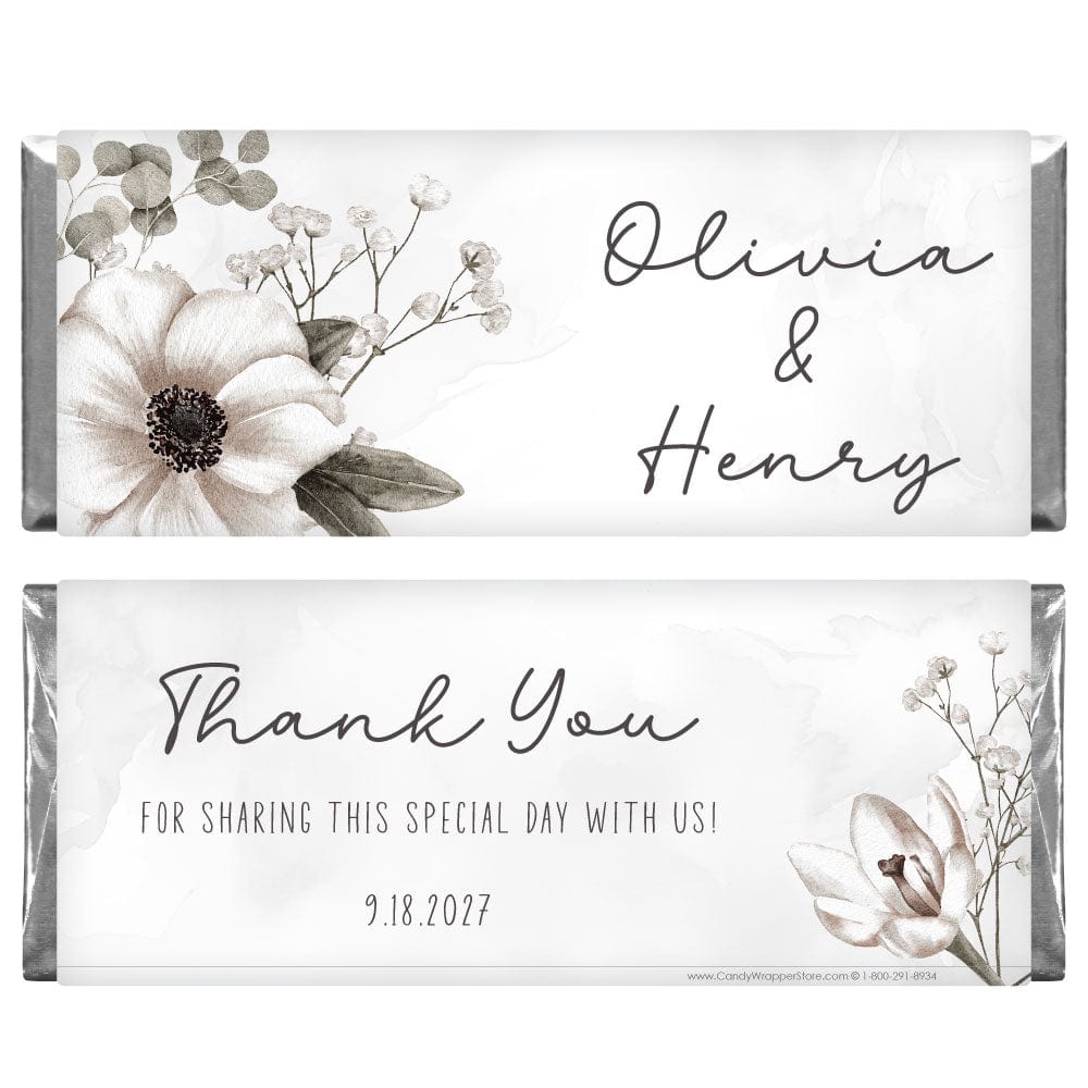 White Watercolor Floral Candy Bar Wrappers White Watercolor Floral Candy Bar Wrappers Regular Size Wrapper WA489