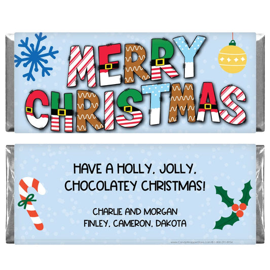 XMAS298 - Merry Christmas Fun Graphic Letters Candy Bar Wrapper Vintage Ornaments Merry Christmas Personalized Candy Bar Wrapper XMAS297