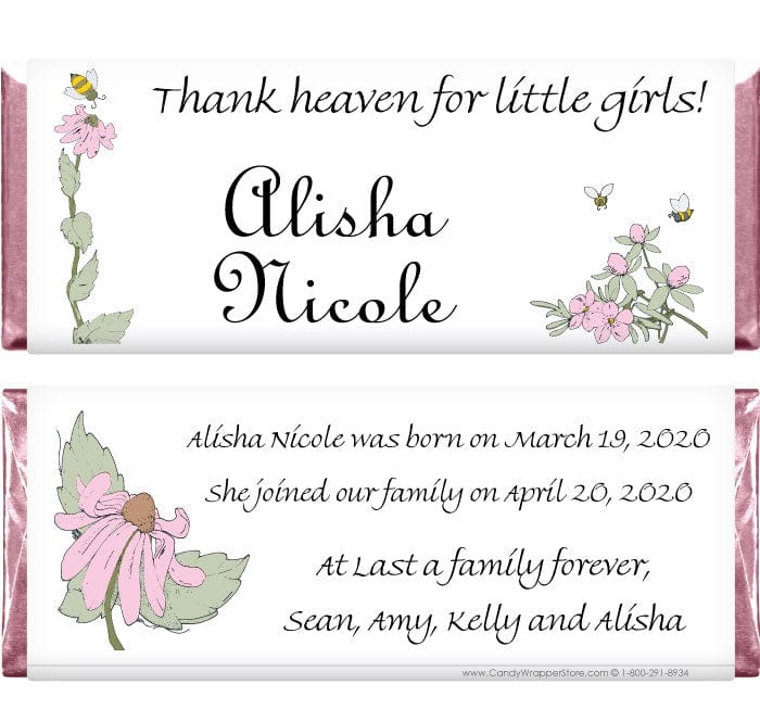 ADOPT201 - Adoption Cute Flowers and Bees Candy Wrapper Girl Adoption Candy Bar Wrappers Birth Announcement ADOPT201