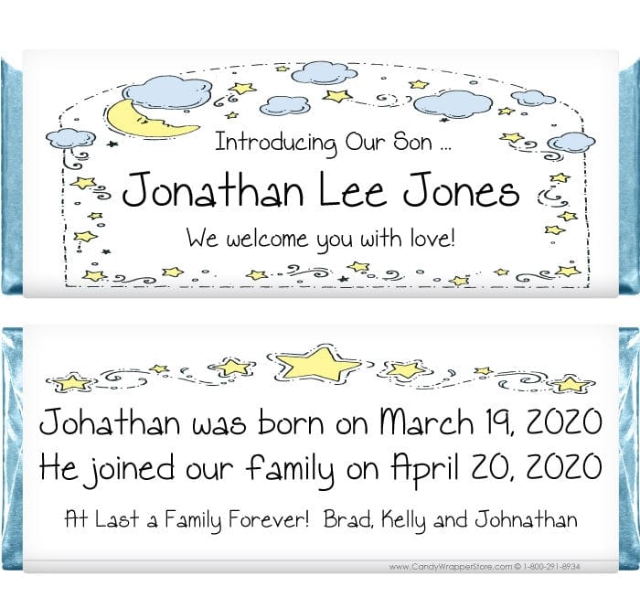 ADOPT203 - Moon and Stars Adoption Wrapper Boy Adoption Candy Bar Wrappers Birth Announcement ADOPT203