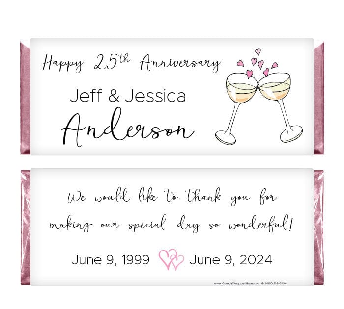 ANN200 - Anniversary Toasting Glasses Candy Wrapper Champagne Glasses with Hearts Anniversary 1.55 oz Candy Bar Wrappers Regular Size Wrapper ann200