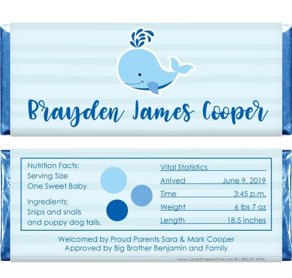 BAB202 - Cute Spouting Whale Birth Announcement Candy Bar Wrapper Cute Spouting Whale Birth Announcement Candy Bar Wrapper Birth Announcement BAB202