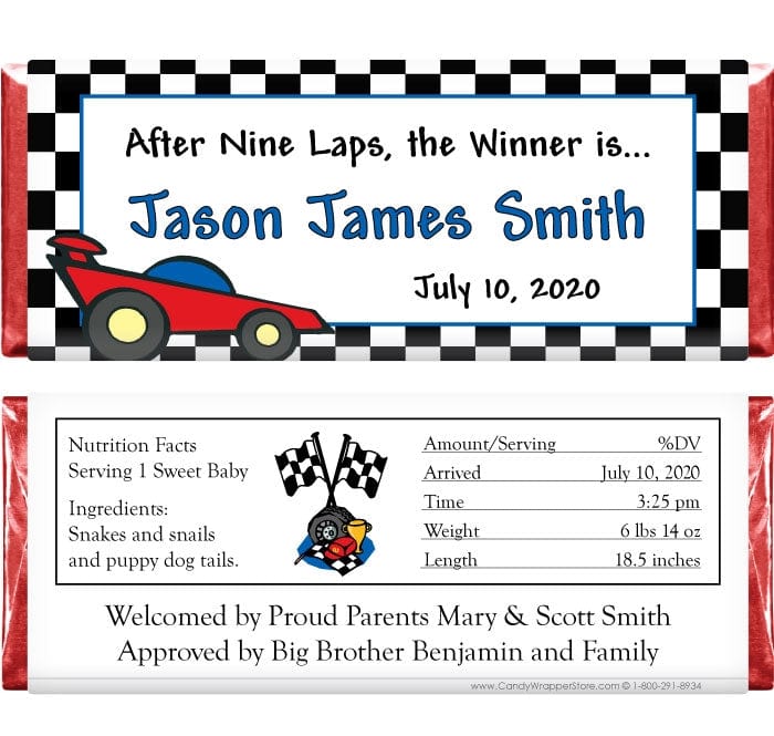 BAB212 - Baby Boy Race Car Theme Candy Bar Wrappers Baby Boy Race Car Theme Candy Bar Wrappers Birth Announcement BAB212