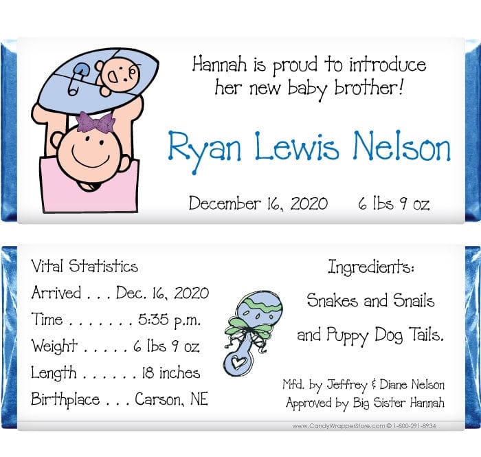 BAB218 - Baby Boy Big Sister Candy Bar Wrappers Baby Boy Big Sister Candy Bar Wrappers Birth Announcement BAB218