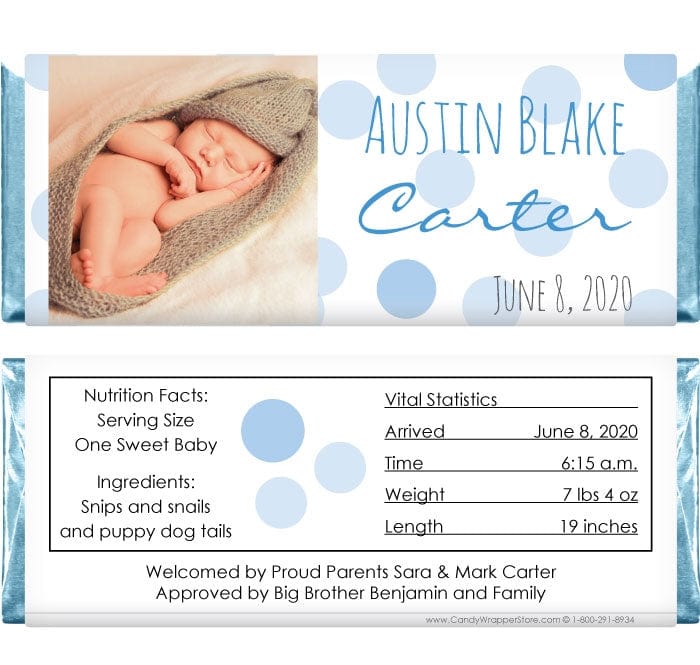 BAB221photo - Baby Boy Blue Polka Dots Photo Candy Bar Wrapper Baby Boy Blue Polka Dots Photo Candy Bar Wrapper Baby & Toddler bab221