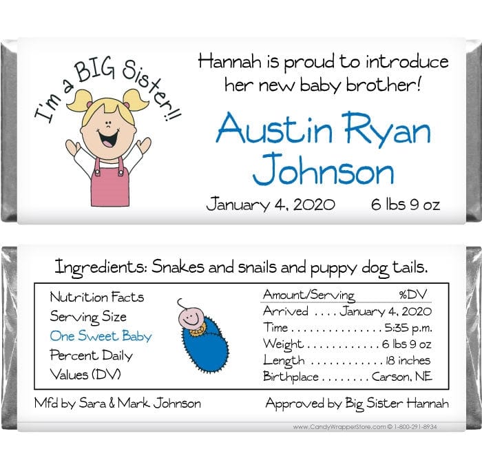 BAB223 - Baby Boy Big Sister Candy Bar Wrappers Baby Boy Big Sister Candy Bar Wrappers Birth Announcement BAB223