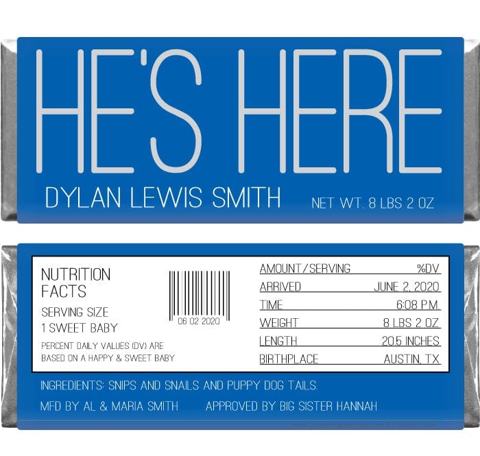 BAB226 - Baby Boy "He's Here" Candy Bar Wrappers Baby Boy He's Here Candy Bar Wrappers Birth Announcement BAB226