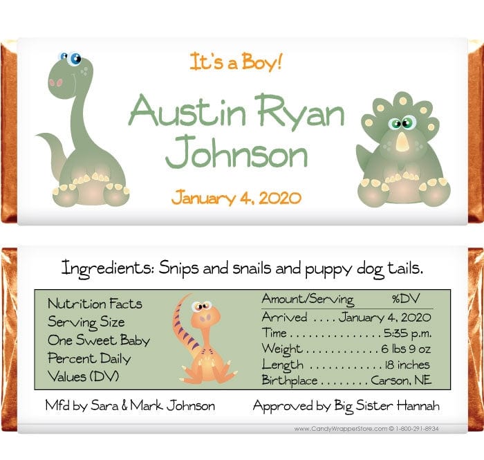 BAB235 - Baby Boy Dinosaur Candy Bar Wrappers Baby Boy Dinosaur Candy Bar Wrappers Birth Announcement BAB235