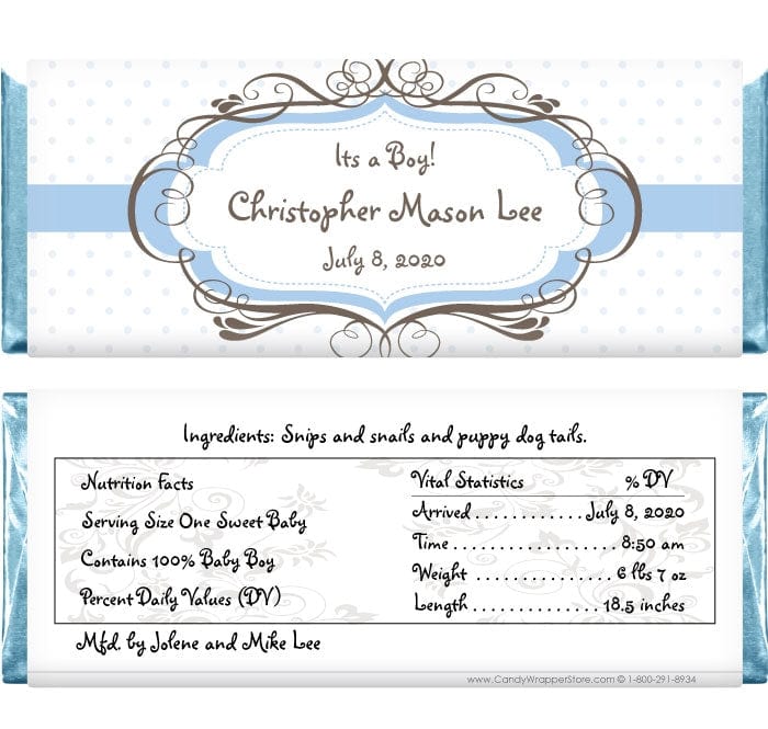 BAB238 - Baby Boy Swirl Frame Candy Bar Wrappers Baby Boy Swirl Frame Candy Bar Wrappers Birth Announcement BAB238