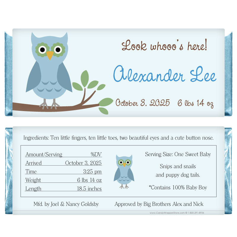 BAB240 - Baby Boy Owl Candy Bar Wrappers Baby Boy Owl Candy Bar Wrappers Birth Announcement BAB240