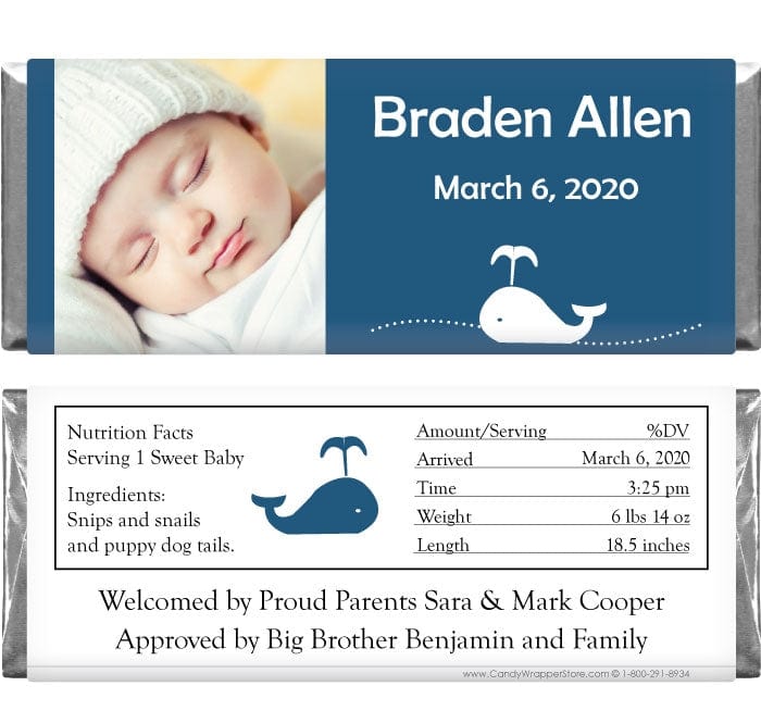 BAB245photo - Little Whale Photo Birth Announcement Candy Wrapper Little Whale Photo Birth Announcement Candy Wrapper Birth Announcement bab245