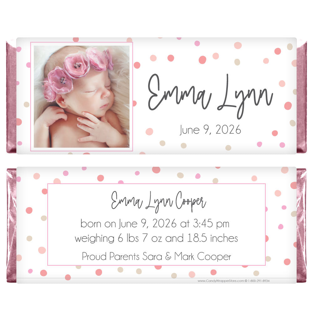 Baby Girl Scattered Dots Photo Candy Bar Wrappers - BAG444photo Baby Girl Scattered Dots Photo Birth Announcement Personalized Candy Bar Wrappers Birth Announcement BAG444