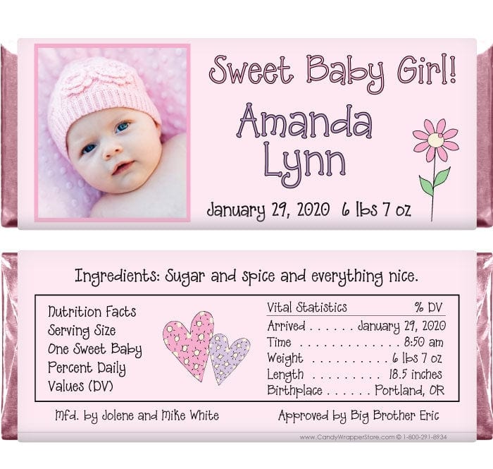 BAG203photo - Sweet Baby Girl Photo Candy Bar Wrappers Baby Girl Photo Candy Bar Wrappers Birth Announcement bag203