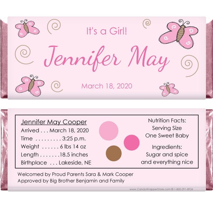BAG205 - Baby Girl Butterflies Candy Bar Wrappers Baby Girl Butterflies Candy Bar Wrappers Birth Announcement BAG205