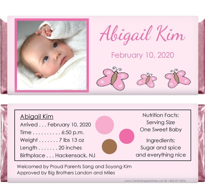 BAG205photo - Baby Girl Butterflies Photo Candy Bar Wrappers Baby Girl Butterflies Photo Candy Bar Wrappers Birth Announcement BAG205