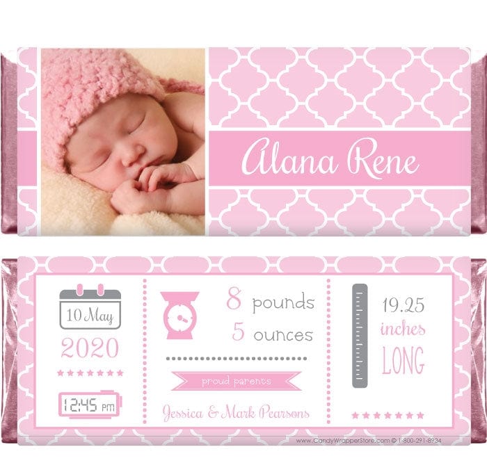 BAG219photo - Baby Girl Quatrefoil Pattern Photo Candy Bar Wrappers Baby Girl Quatrefoil Pattern Photo Candy Bar Wrappers Birth Announcement bag219