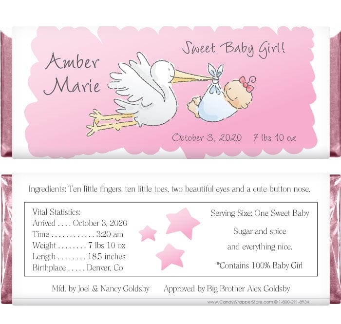 BAG222 - Baby Girl Stork Candy Bar Wrappers Baby Girl Stork Candy Bar Wrappers Birth Announcement BAG222