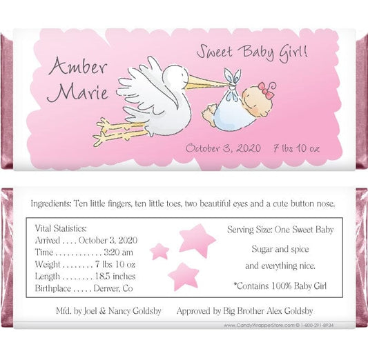 BAG222 - Baby Girl Stork Candy Bar Wrappers Baby Girl Stork Candy Bar Wrappers Birth Announcement BAG222