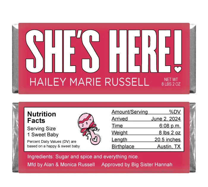 BAG226 - Baby Girl "She's Here" Candy Bar Wrappers Baby Girl Shes Here Candy Bar Wrappers Birth Announcement BAG226