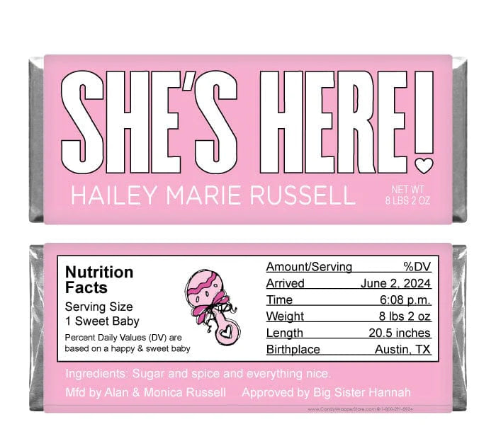 BAG226 - Baby Girl "She's Here" Candy Bar Wrappers Baby Girl Shes Here Candy Bar Wrappers Birth Announcement BAG226