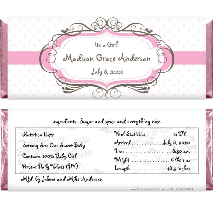 BAG238 - Baby Girl Swirl Frame Candy Bar Wrappers Baby Girl Swirl Frame Candy Bar Wrappers Birth Announcement BAG238
