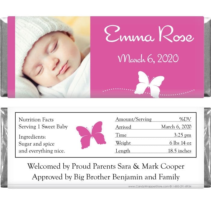 BAG245photo - Sweet Butterfly Photo Birth Announcement Candy Bar Wrapper Sweet Butterfly Photo Birth Announcement Candy Bar Wrapper for 1.55 oz Hershey Candy Bars Birth Announcement BAG245