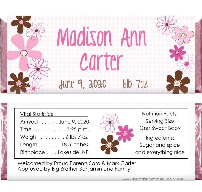 BAG249 - Whimsy Flowers Girl Birth Announcement Candy Bar Wrappers Whimsy Flowers Girl Birth Announcement Candy Bar Wrappers Birth Announcement BAG249